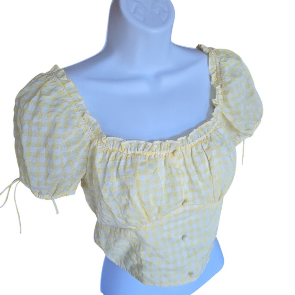 KYS Gingham Puff Sleeve Crop Top Womens S Yellow Smocked‎ Cottagecore Picnic